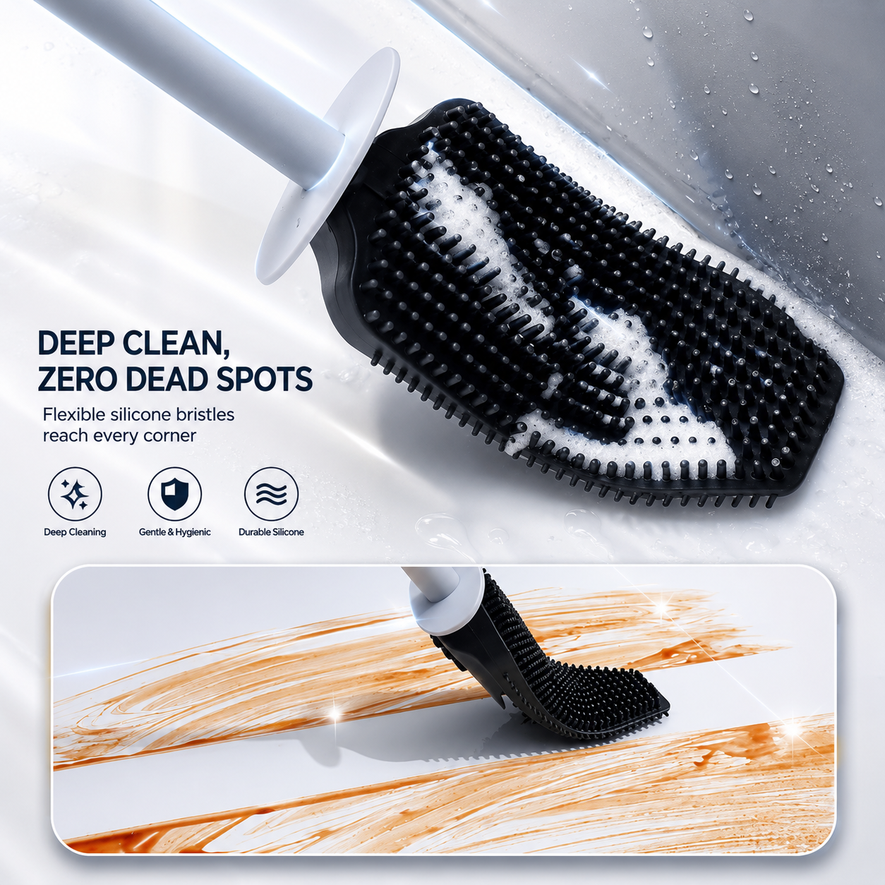 Silicone Toilet Brush White & Grey - Wall Mounted Sticky Hook - Flexible TPR Bristles - UK Bathroom Cleaning Must-Have
