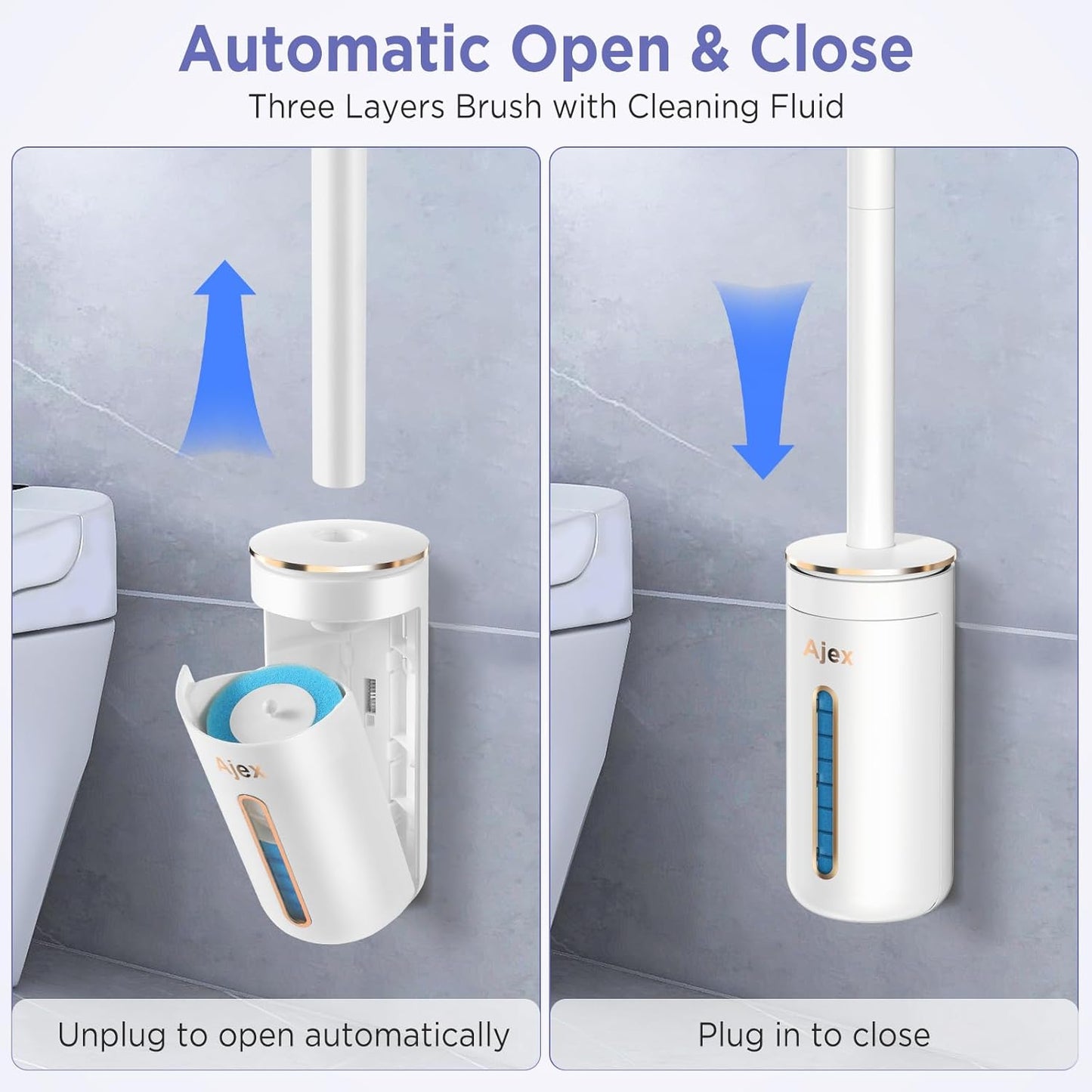 Wall-Mounted Disposable Toilet Cleaning System – Hygienic Wand Kit with 8 Ocean-Scented Refills, Built-in Cleaning Fluid, and Automatic Open/Close Holder