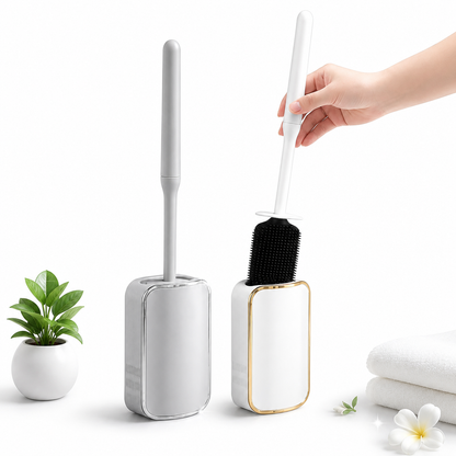 Silicone Toilet Brush White & Grey - Wall Mounted Sticky Hook - Flexible TPR Bristles - UK Bathroom Cleaning Must-Have