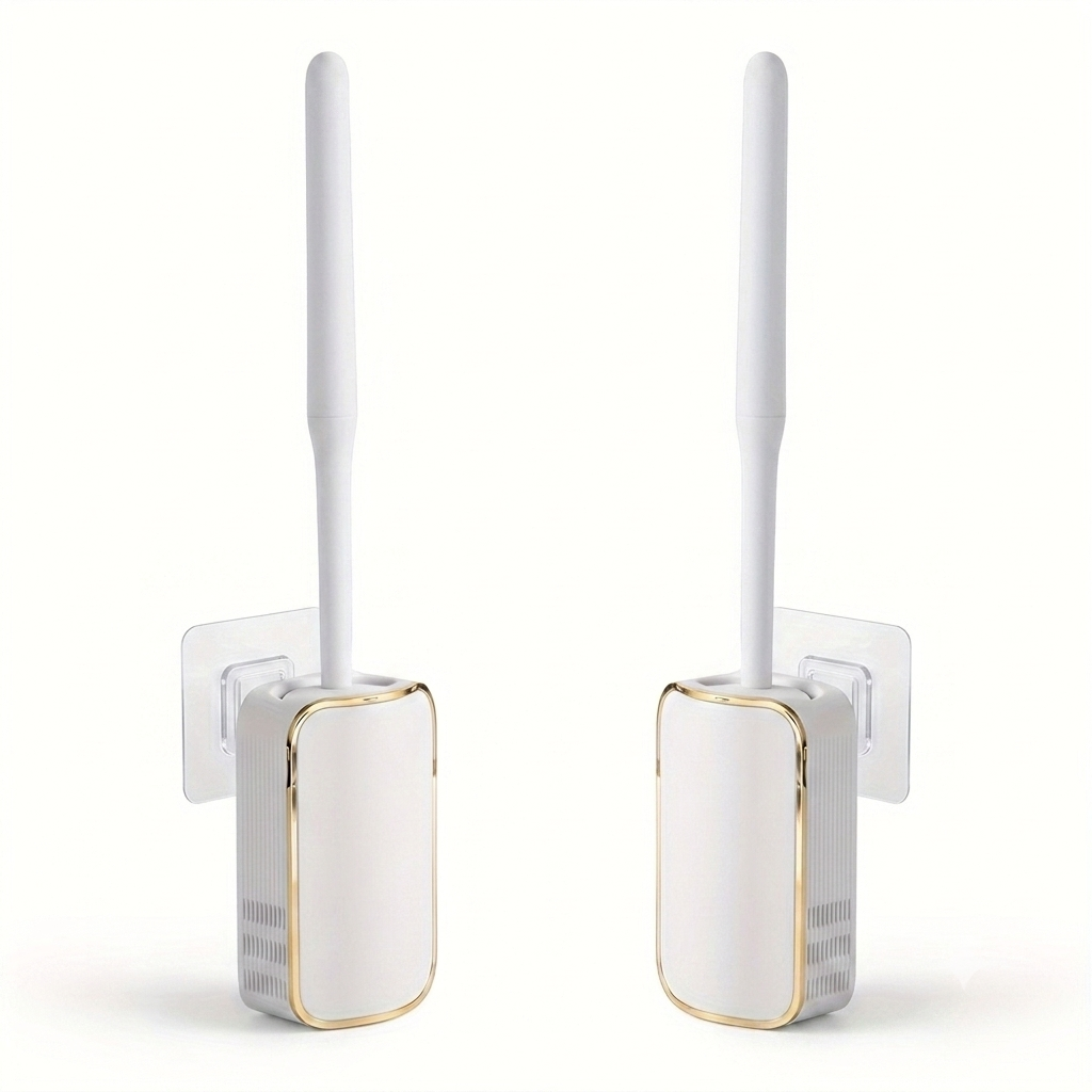 Silicone Toilet Brush White & Grey - Wall Mounted Sticky Hook - Flexible TPR Bristles - UK Bathroom Cleaning Must-Have