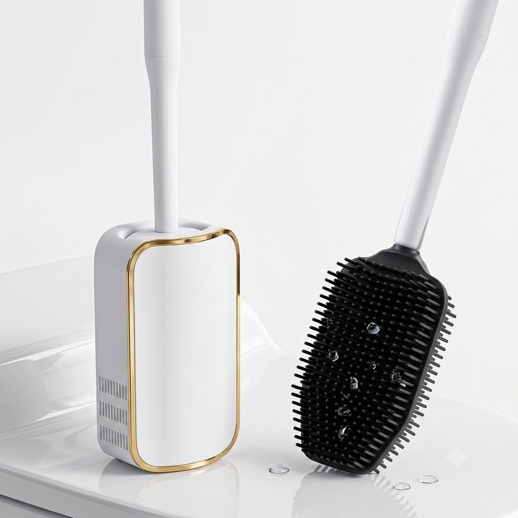 Silicone Toilet Brush White & Grey - Wall Mounted Sticky Hook - Flexible TPR Bristles - UK Bathroom Cleaning Must-Have
