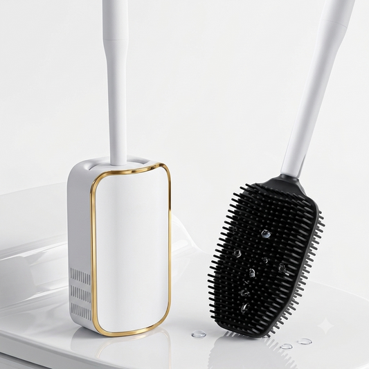 Silicone Toilet Brush White & Grey - Wall Mounted Sticky Hook - Flexible TPR Bristles - UK Bathroom Cleaning Must-Have