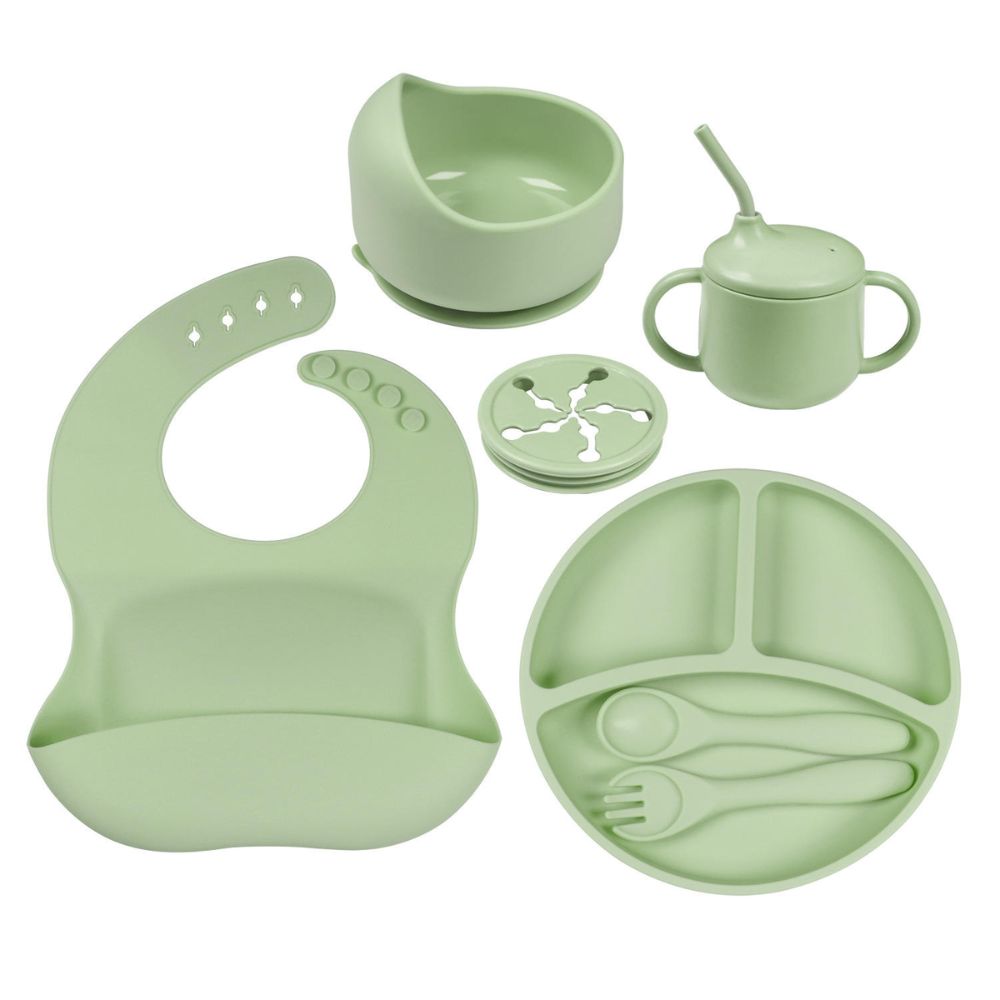 Silicone Baby Feeding Set 9-pcs - Baby-Led Weaning Plate Bowl Bib Cup Utensils Little Guard
