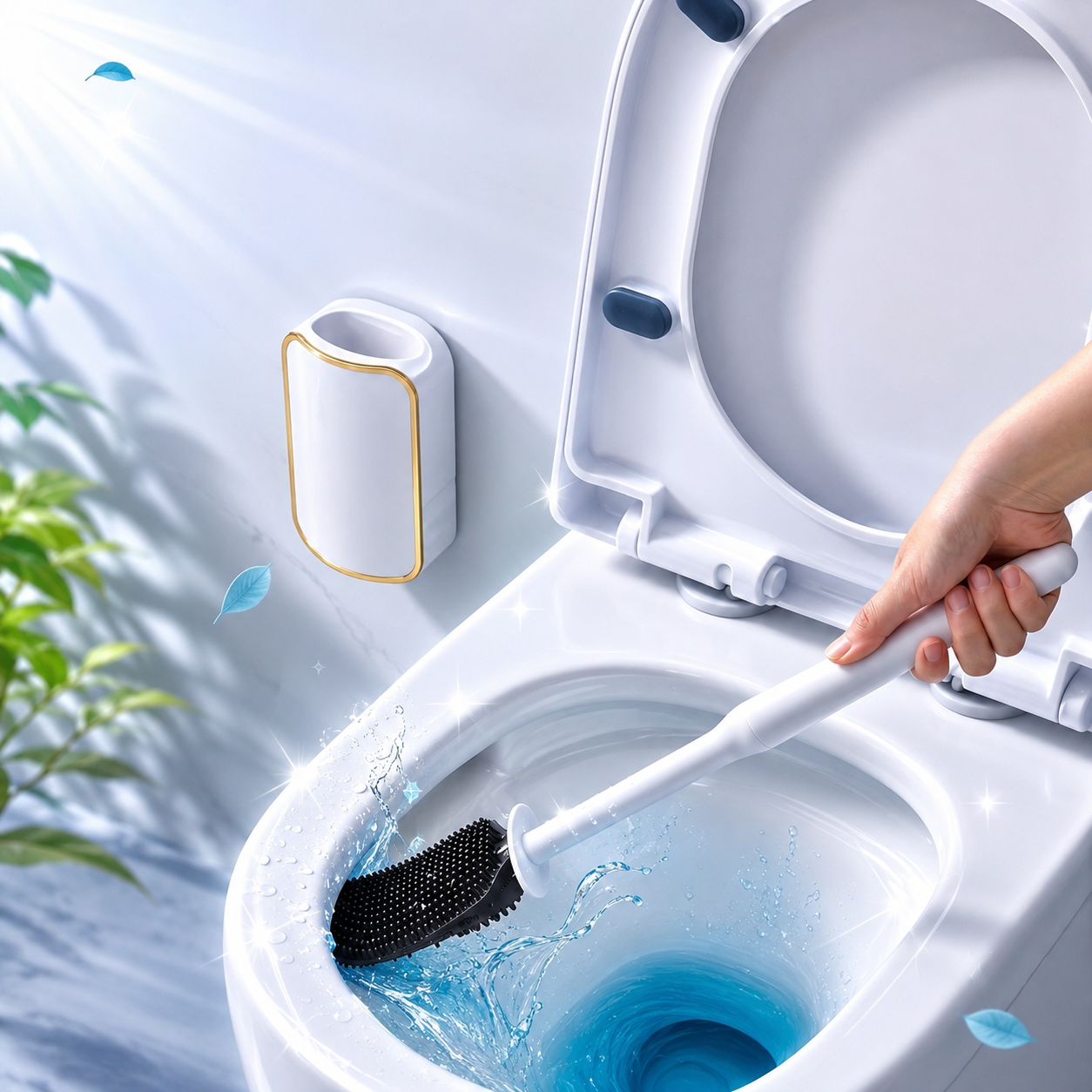 Silicone Toilet Brush White & Grey - Wall Mounted Sticky Hook - Flexible TPR Bristles - UK Bathroom Cleaning Must-Have