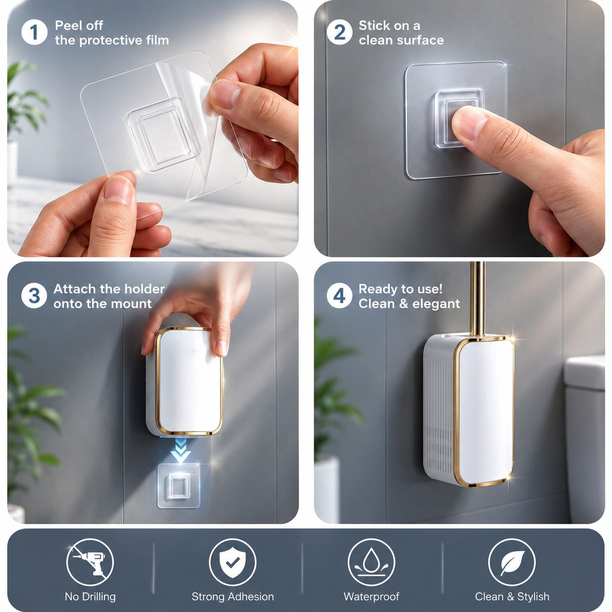 Silicone Toilet Brush White & Grey - Wall Mounted Sticky Hook - Flexible TPR Bristles - UK Bathroom Cleaning Must-Have