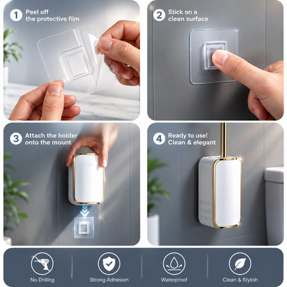 Silicone Toilet Brush White & Grey - Wall Mounted Sticky Hook - Flexible TPR Bristles - UK Bathroom Cleaning Must-Have