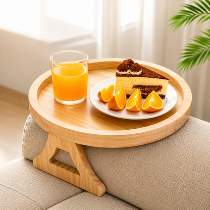 Round Bamboo Sofa Arm Tray Table - Snack & Drink Holder