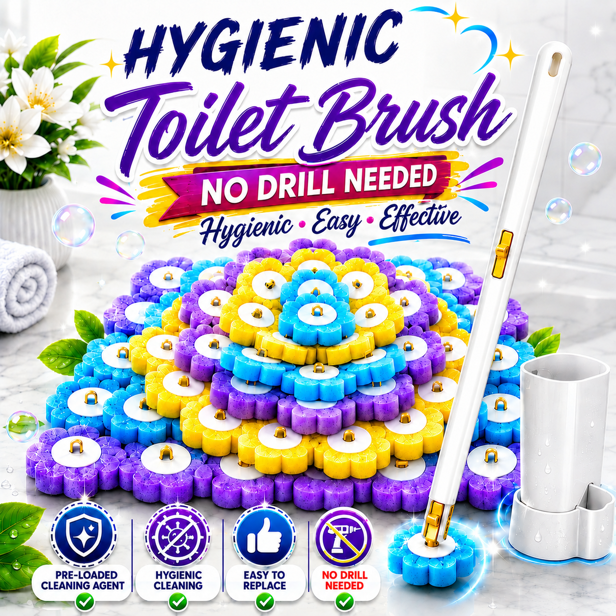 Disposable Toilet Brush Set with Replacement Heads For Hygienic Bathroom Cleaning