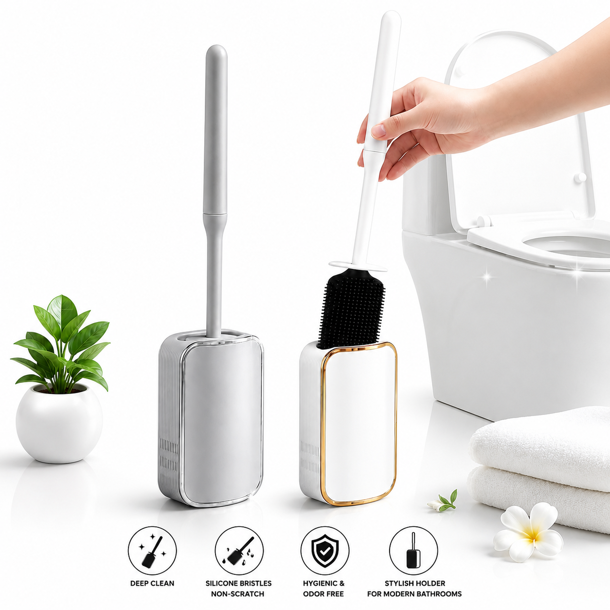 Silicone Toilet Brush White & Grey - Wall Mounted Sticky Hook - Flexible TPR Bristles - UK Bathroom Cleaning Must-Have
