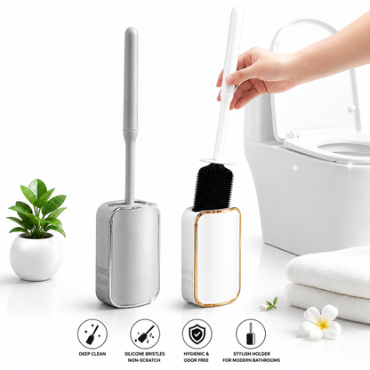 Silicone Toilet Brush White & Grey - Wall Mounted Sticky Hook - Flexible TPR Bristles - UK Bathroom Cleaning Must-Have
