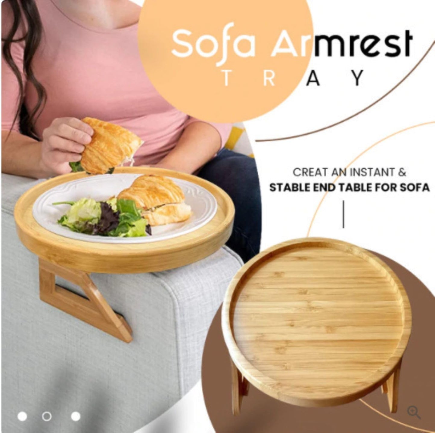 Round Bamboo Sofa Arm Tray Table - Snack & Drink Holder
