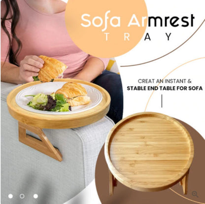 Round Bamboo Sofa Arm Tray Table - Snack & Drink Holder