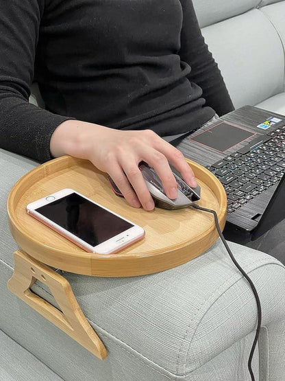 Round Bamboo Sofa Arm Tray Table - Snack & Drink Holder