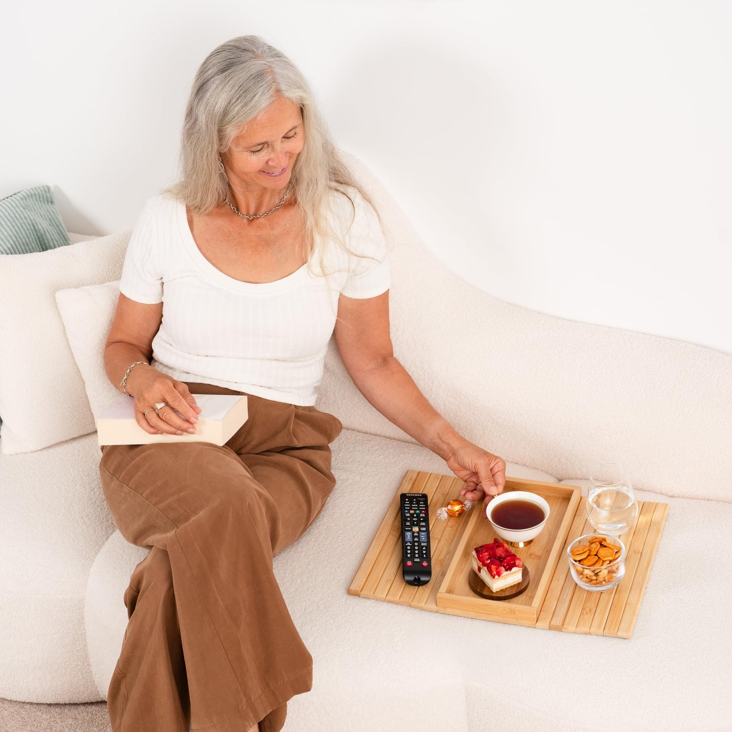 Rectangular Bamboo Sofa Arm Tray Table - Snack & Drink Holder