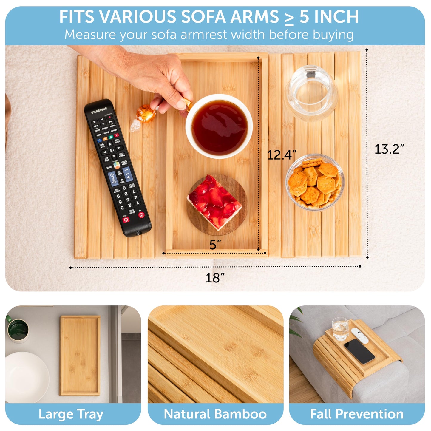 Rectangular Bamboo Sofa Arm Tray Table - Snack & Drink Holder